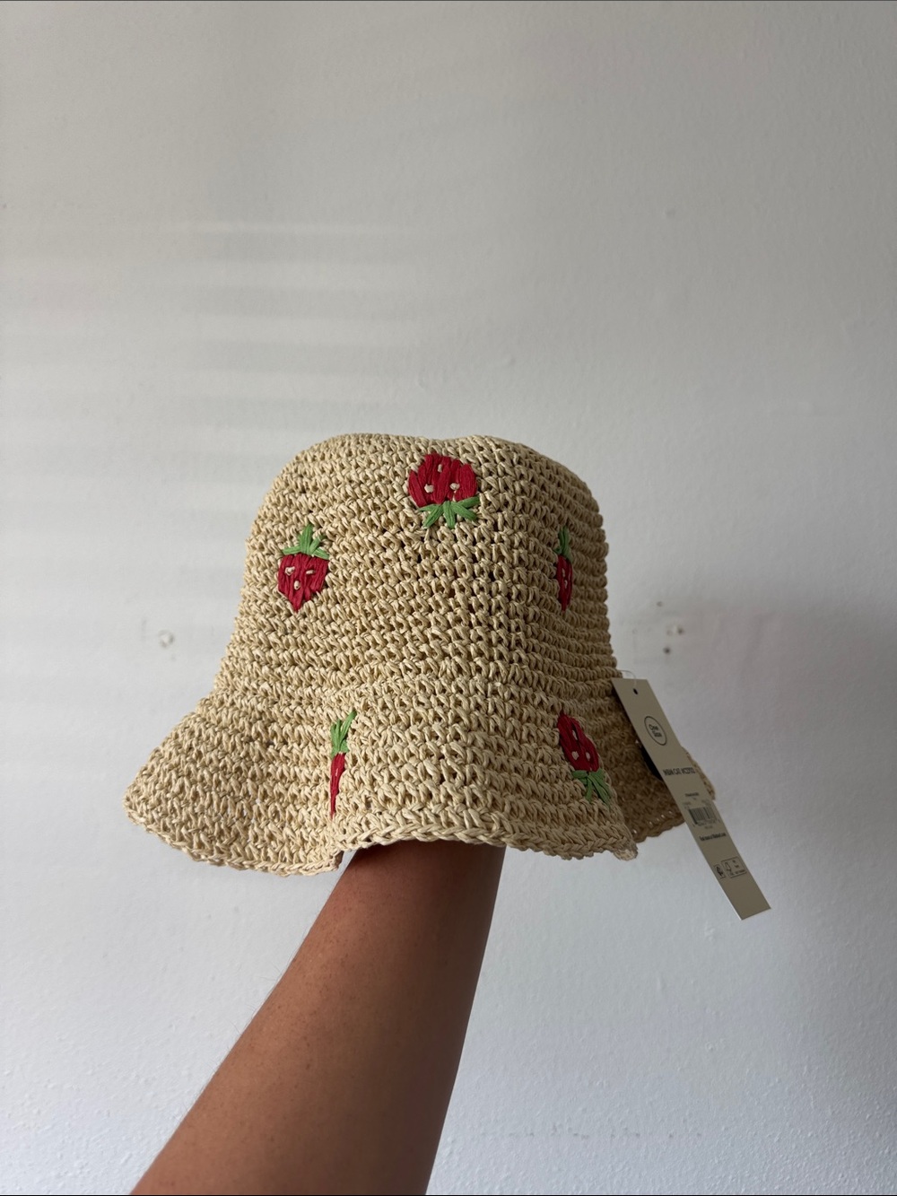 Straw Crochet Bucket Hat with Red Strawberry Embroidery